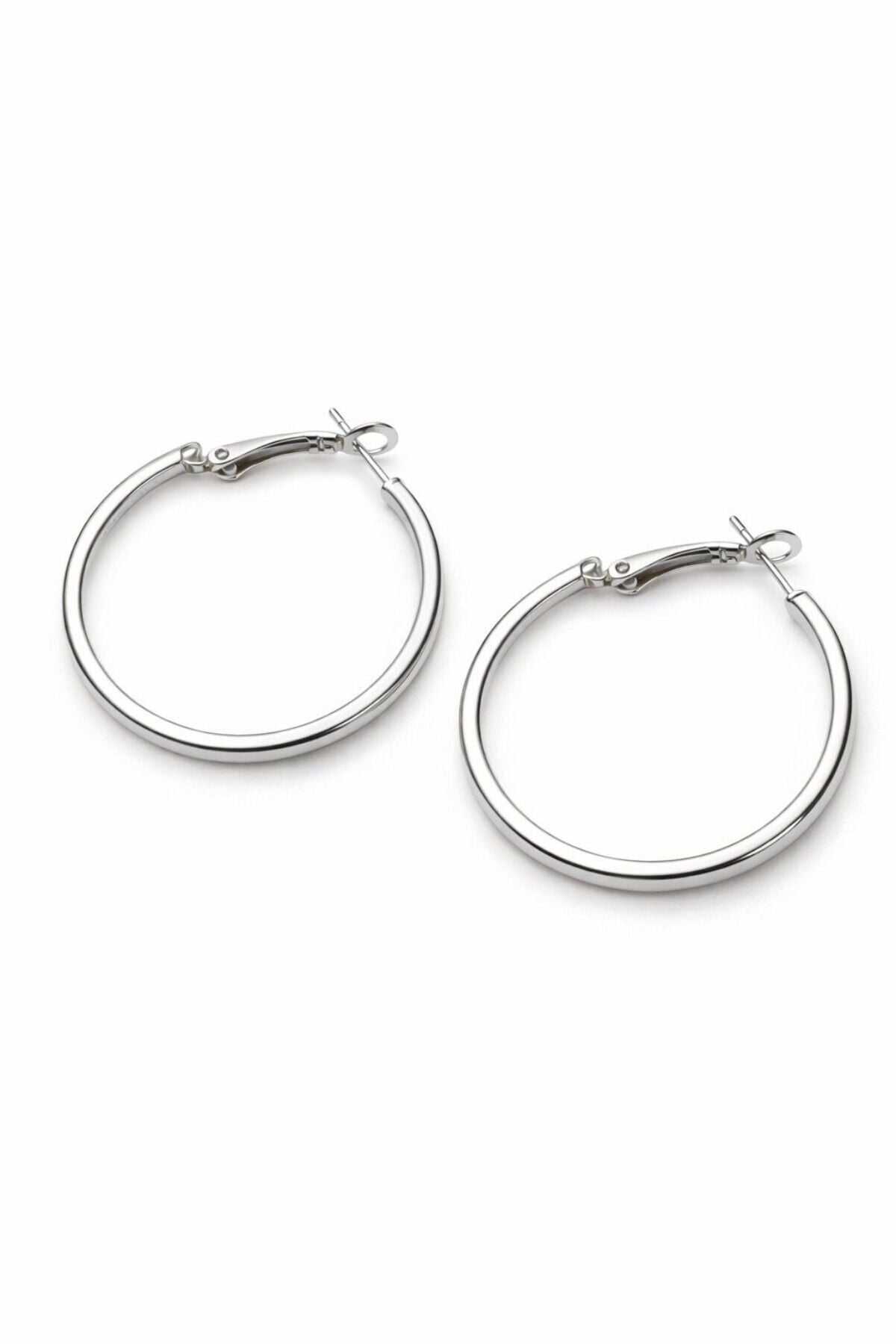 Premium Seri Köşeli Halka Tasarım 4 Cm Kadın Çelik Küpe Gümüş