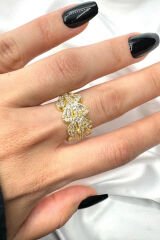 Yeni Sezon İkili Trapez Taşlı Tasarım Model Ayarlanabilir Kadın Çelik Yüzük