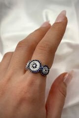 Yeni Sezon Full Zirkon Taşlı 3'lü Nazar Boncuğu Model Ayarlanabilir Kadın Yüzük