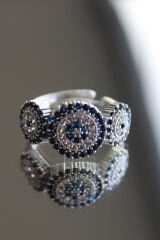 Yeni Sezon Full Zirkon Taşlı 3'lü Nazar Boncuğu Model Ayarlanabilir Kadın Yüzük