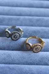 Yeni Sezon Full Zirkon Taşlı 3'lü Nazar Boncuğu Model Ayarlanabilir Kadın Yüzük