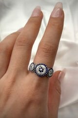 Yeni Sezon Full Zirkon Taşlı 3'lü Nazar Boncuğu Model Ayarlanabilir Kadın Yüzük