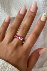 Premium Seri Çok Renkli Çiçek Desen Mineli Ayarlanabilir Kadın Çelik Yüzük