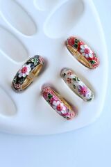 Premium Seri Çok Renkli Çiçek Desen Mineli Ayarlanabilir Kadın Çelik Yüzük