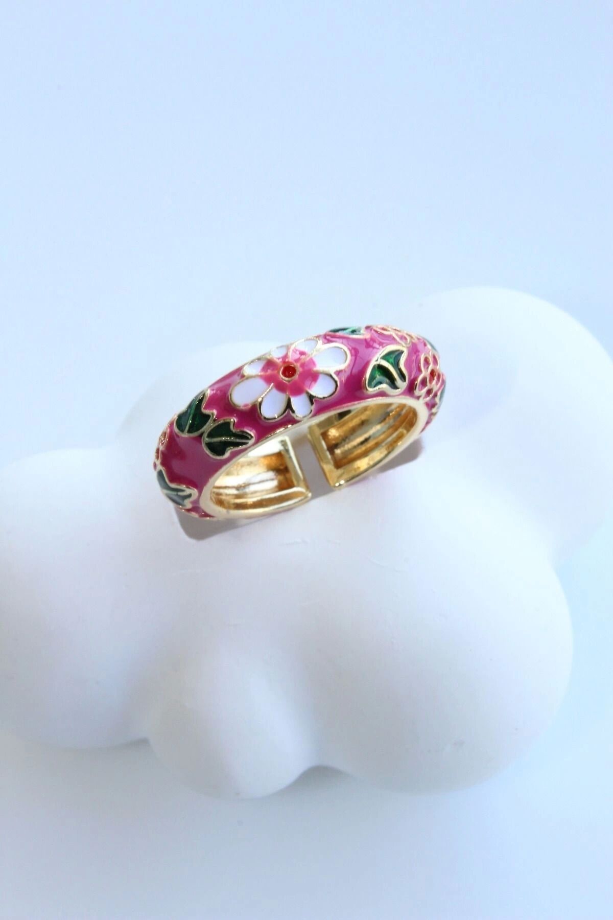 Premium Seri Çok Renkli Çiçek Desen Mineli Ayarlanabilir Kadın Çelik Yüzük