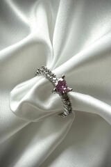 Premium İthal Seri Minimalist Yüksek Kalp Pembe Zirkon Taşlı Ayarlanabilir Tasarım Kadın Çelik Yüzük