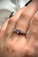 Premium İthal Seri Minimalist Yüksek Kalp Pembe Zirkon Taşlı Ayarlanabilir Tasarım Kadın Çelik Yüzük