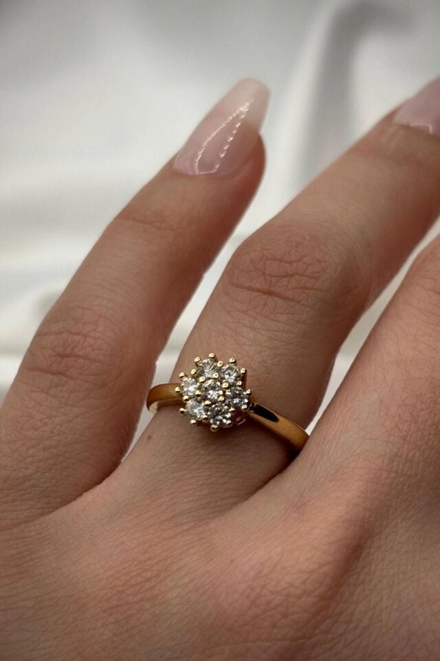 Premium Seri Çiçek Buketi Tasarım Çoklu Minimal Zirkon Taşlı Tek Taş Ayarlanabilir Kadın Çelik Yüzük Gold