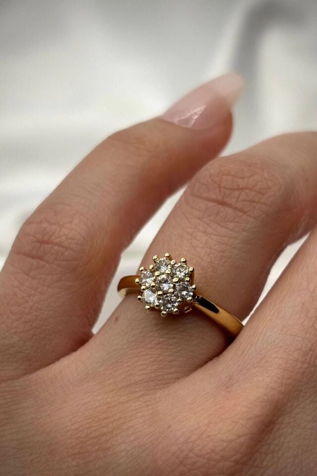 Premium Seri Çiçek Buketi Tasarım Çoklu Minimal Zirkon Taşlı Tek Taş Ayarlanabilir Kadın Çelik Yüzük Gold