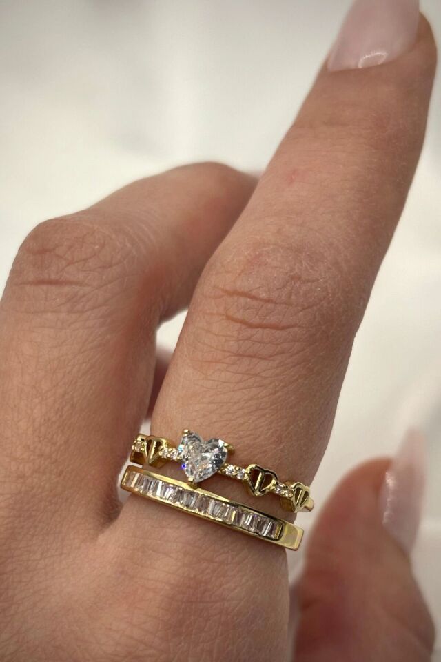 VIP %100 İthal Yüksek Kalp Taşlı 2'li Yarım Tur Model Ayarlanabilir Kadın Çelik Yüzük Gold