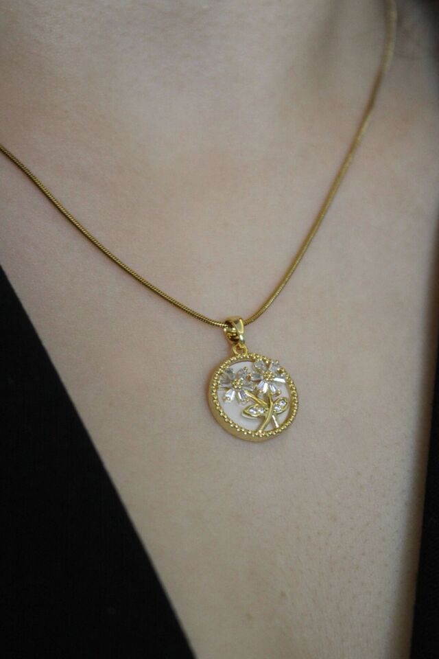 Premium Seri Plaka Model Zirkon Taşlı İkili Papatya 316 L Paslanmaz Kararmaz Kadın Çelik Kolye Gold