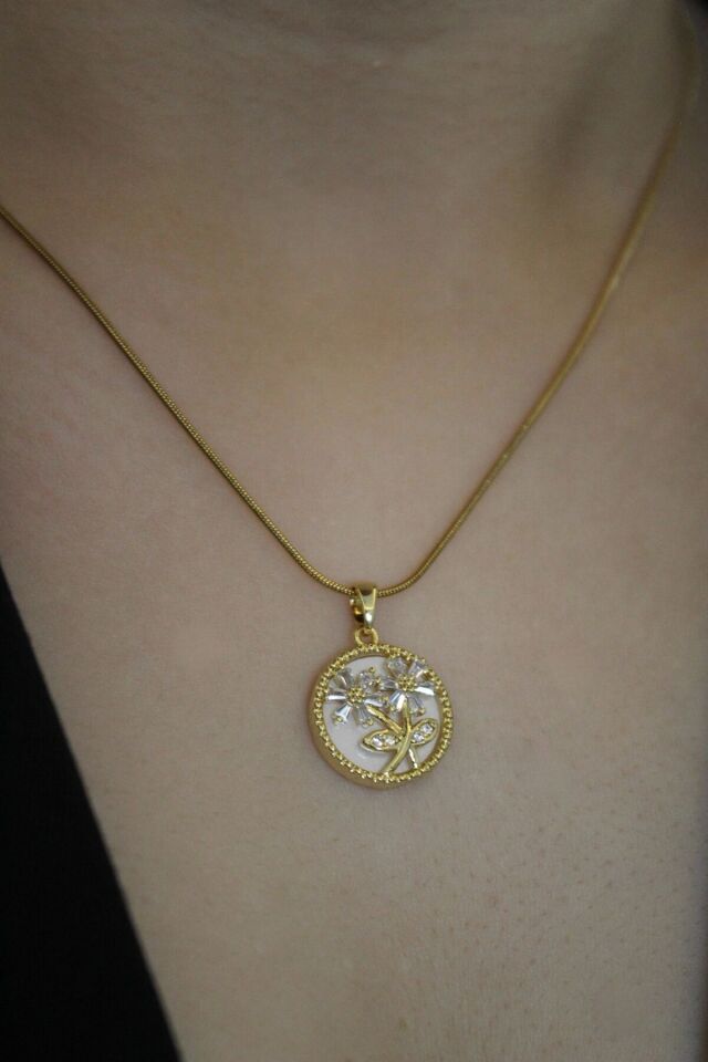 Premium Seri Plaka Model Zirkon Taşlı İkili Papatya 316 L Paslanmaz Kararmaz Kadın Çelik Kolye Gold