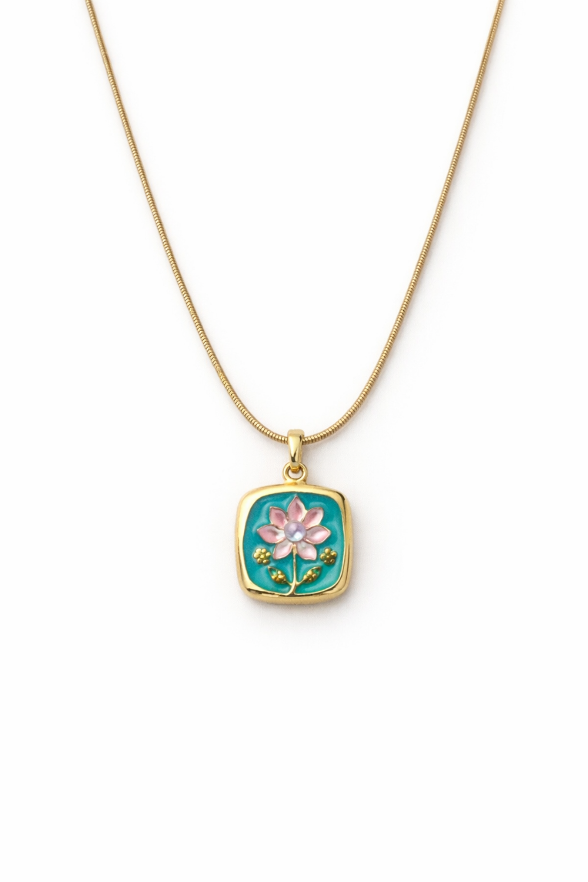 İncili Kare Pembe Lotus Çiçeği Motifli Kabartma Manzara Tasarım Kadın Çelik Kolye Gold