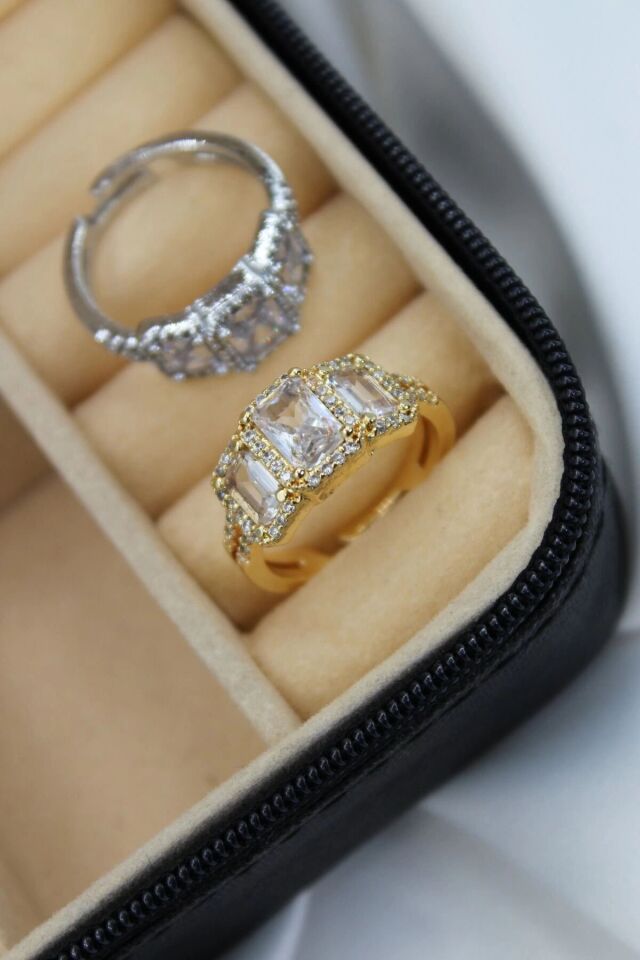 Premium Seri 3'lü Baget Taşlı Ayarlanabilir Kadın Yüzük Gold