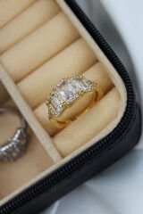 Premium Seri 3'lü Baget Taşlı Ayarlanabilir Kadın Yüzük Gold
