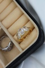 Premium Seri 3'lü Baget Taşlı Ayarlanabilir Kadın Yüzük Gold