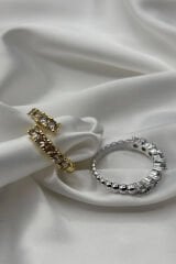 Premium Seri Çapraz Yarım Tur Zirkon Taşlı Boncuk Kol Tasarım Model Ayarlanabilir Kadın Çelik Yüzük