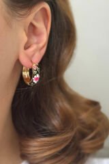 Mineli Renkli Çiçek Halka Tasarım Kararmaz Renk Atmaz Kadın Çelik Küpe