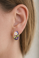 Vintage Çok Renkli Elips Beyaz Çiçek Motifli 3d Tablo Tasarım Kadın Çelik Küpe