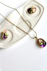 Vintage Çok Renkli Elips Beyaz Çiçek Motifli 3d Tablo Tasarım Kadın Çelik Küpe