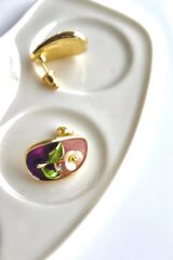 Vintage Çok Renkli Elips Beyaz Çiçek Motifli 3d Tablo Tasarım Kadın Çelik Küpe