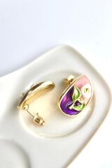 Vintage Çok Renkli Elips Beyaz Çiçek Motifli 3d Tablo Tasarım Kadın Çelik Küpe