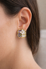 Vintage Kare Burgu Kenarlı Mor Çiçek Motifli 3d Tablo Tasarım Kadın Çelik Küpe