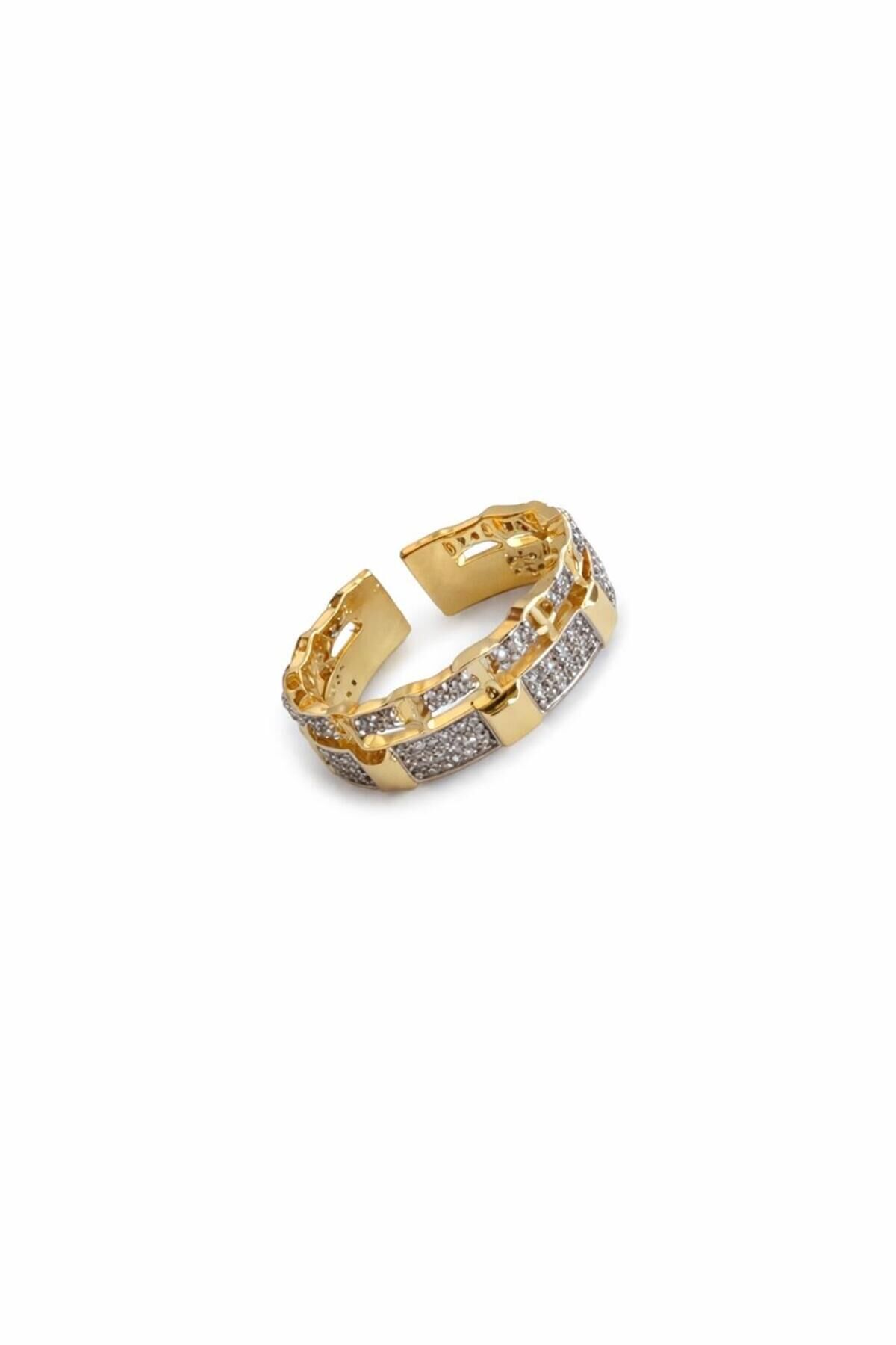 V.I.P Çift Renk Seri Zirkon Taşlı Zincir Tasarım Gold & Silver Ayarlanabilir Kadın Çelik Yüzük Altın