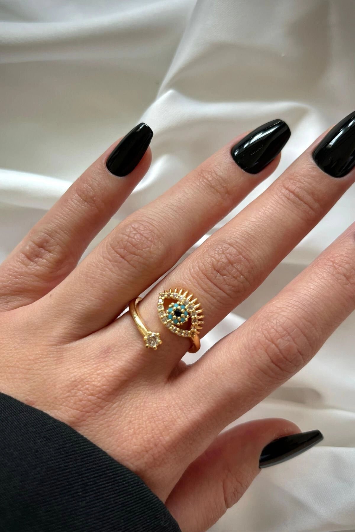 Özel Seri Baget Zirkon Taşlı Sarmal Nazar Boncuğu Göz Tasarım Ayarlanabilir Kadın Çelik Yüzük