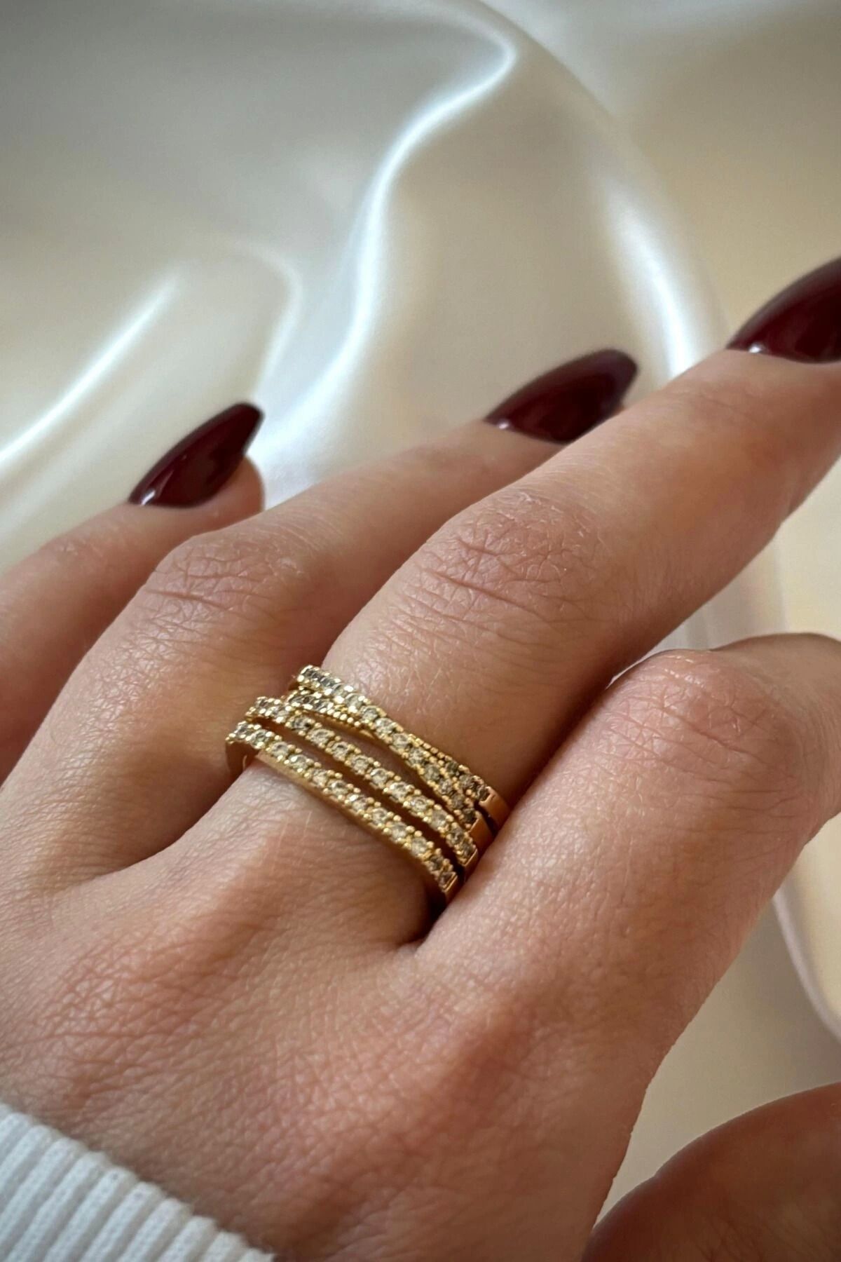 Yeni Sezon 3lü Çapraz Sıra Yarım Tur Zirkon Taşlı Tasarım Ayarlanabilir Kadın Çelik Yüzük Gold