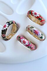 Premium Seri Çok Renkli Çiçek Desen Mineli Ayarlanabilir Kadın Çelik Yüzük