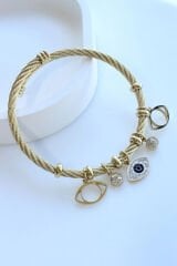 İthal Seri Çoklu Ayarlanabilir Nazar Boncuğu Charmlı Kadın Çelik Bileklik Kelepçe