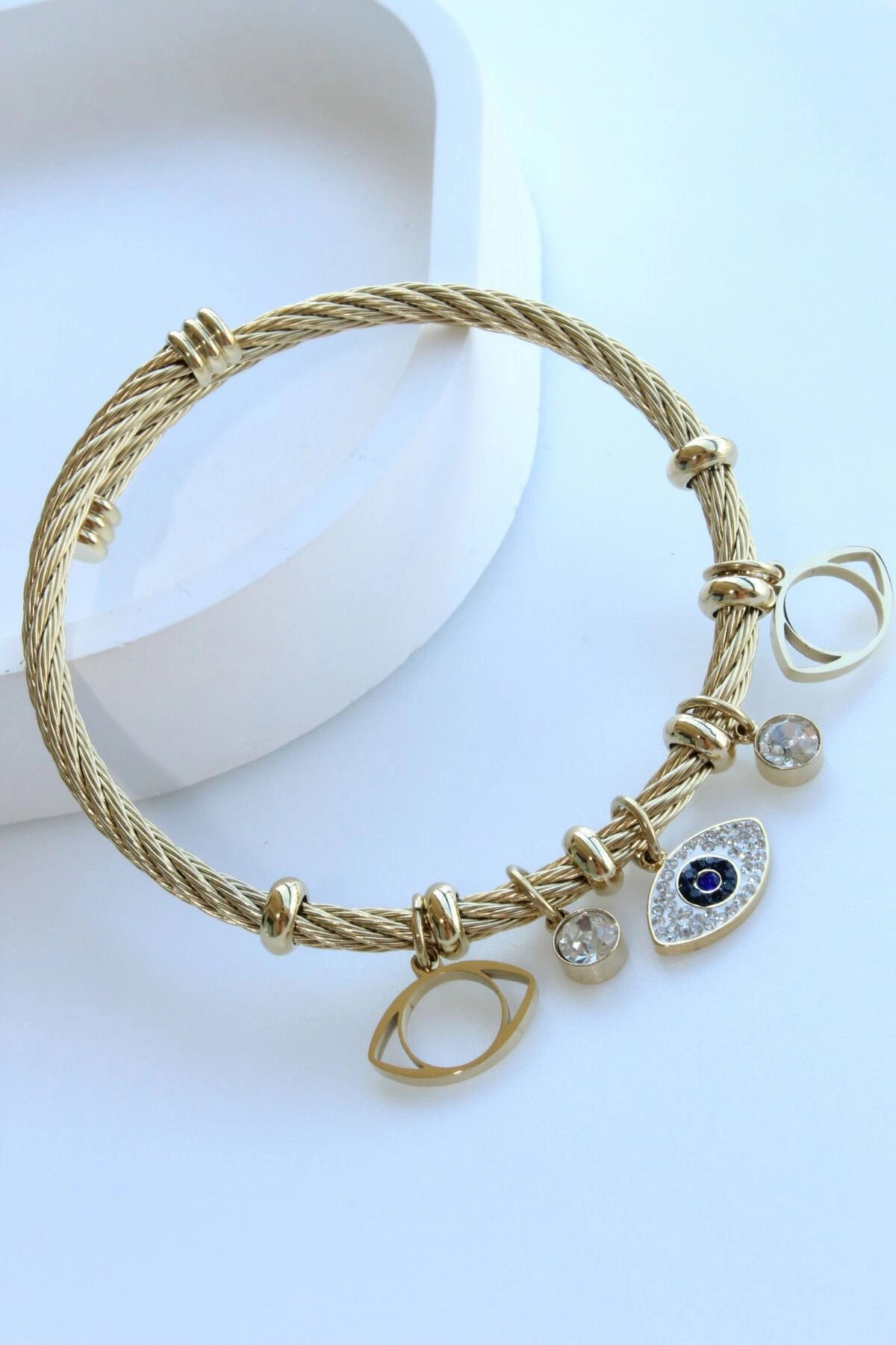 İthal Seri Çoklu Ayarlanabilir Nazar Boncuğu Charmlı Kadın Çelik Bileklik Kelepçe