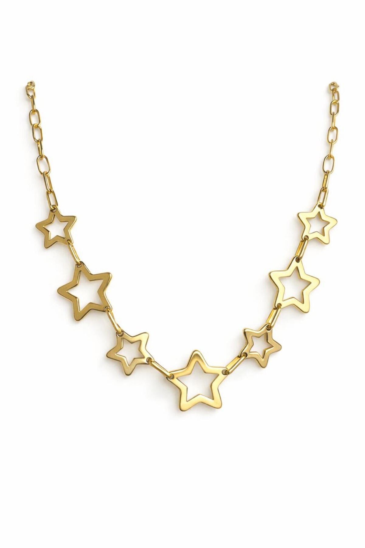 #Kolye Çoklu Yıldız Tasarım Gold 45 Cm Kadın Çelik Kolye Altın