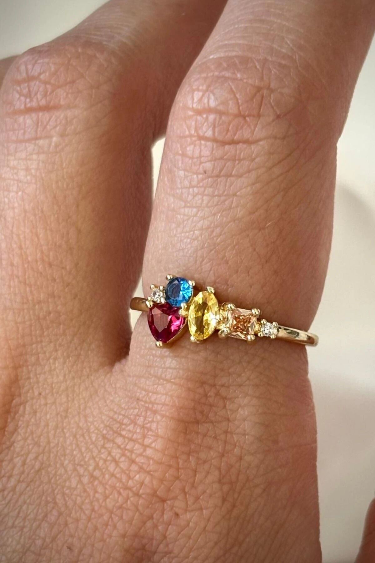 İthal Seri Renkli Zirkon Taşlı Zarif Tasarım Ayarlanabilir Kadın Çelik Yüzük Gold