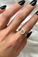 Premium İthal Seri Sekizgen Zirkon Taşlı Tek Taş Ayarlanabilir Tasarım Kadın Çelik Yüzük