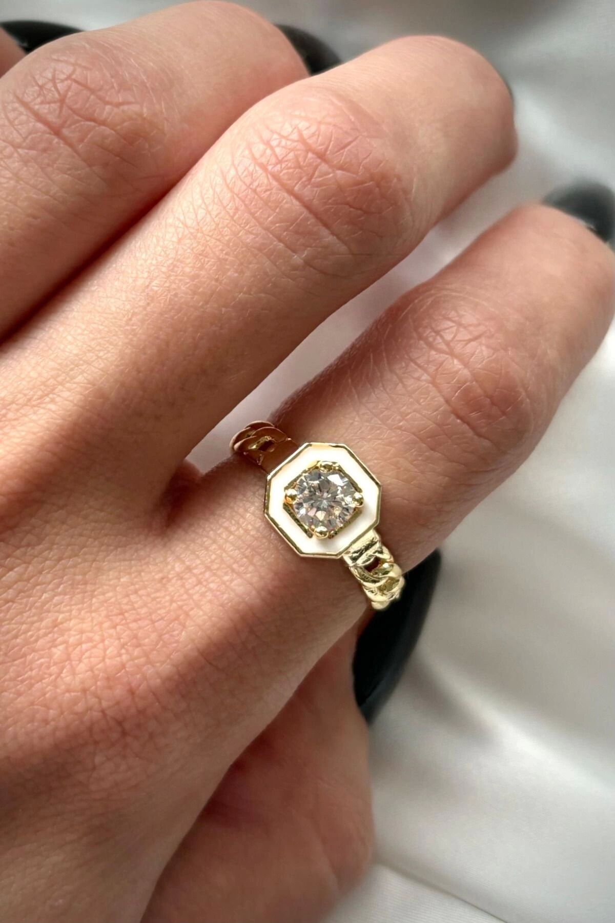 Premium İthal Seri Sekizgen Zirkon Taşlı Tek Taş Ayarlanabilir Tasarım Kadın Çelik Yüzük