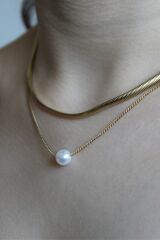 Exclusive Seri İkili Ezme Hasır İtalyan Zincirli Tek İncili Model Kadın Çelik Kolye