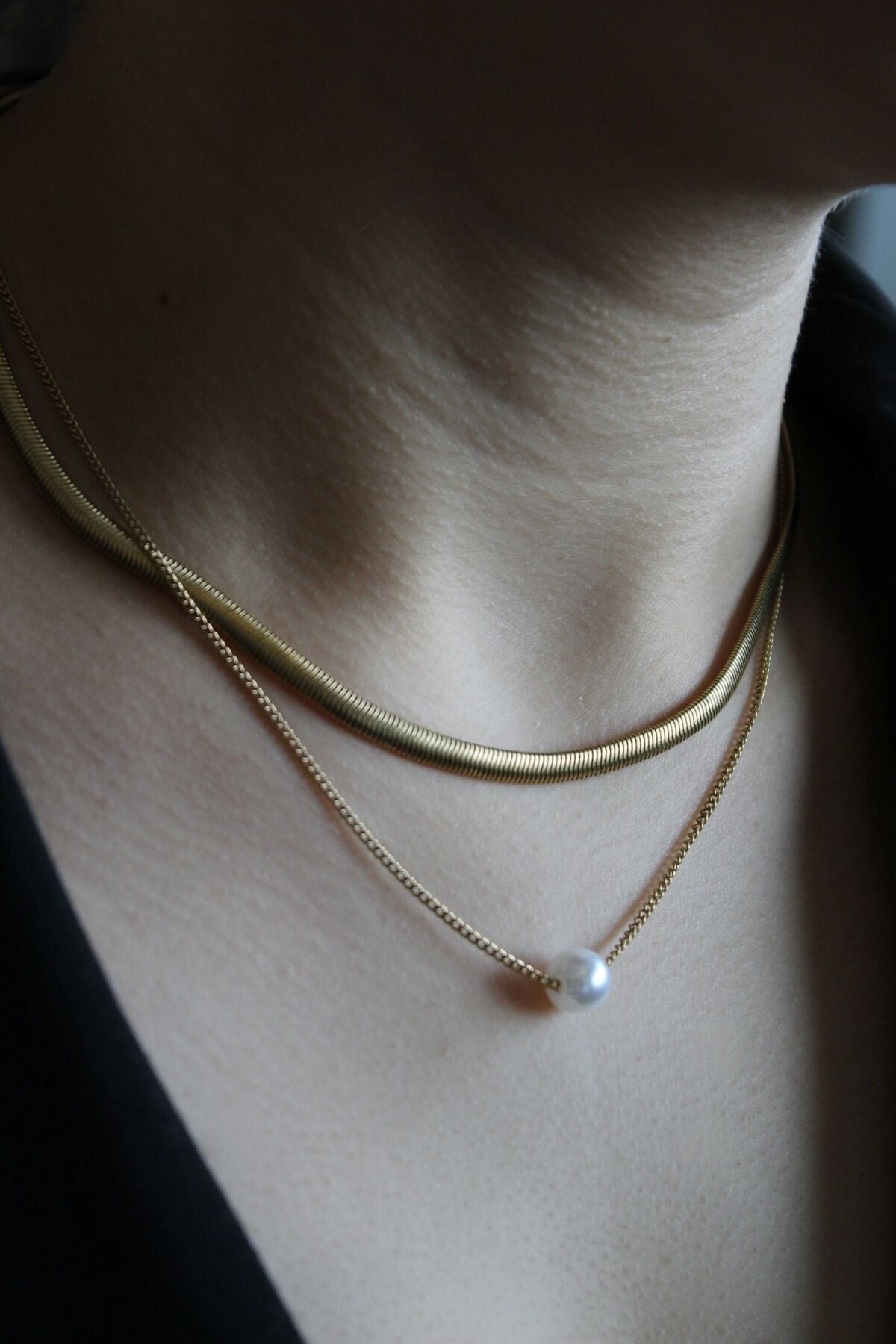 Exclusive Seri İkili Ezme Hasır İtalyan Zincirli Tek İncili Model Kadın Çelik Kolye