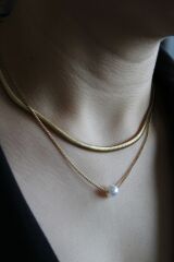 Exclusive Seri İkili Ezme Hasır İtalyan Zincirli Tek İncili Model Kadın Çelik Kolye