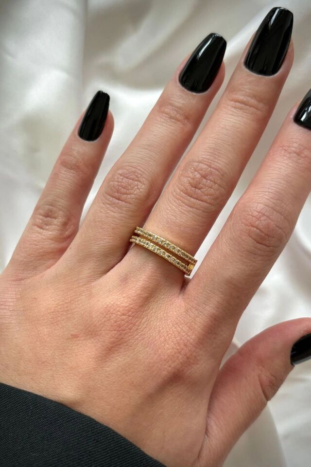 Özel Seri İkili İnce Yarım Tur Zirkon Taşlı Tasarım Model Kadın Çelik Yüzük Gold