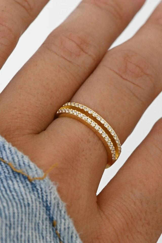 Özel Seri İkili İnce Yarım Tur Zirkon Taşlı Tasarım Model Kadın Çelik Yüzük Gold