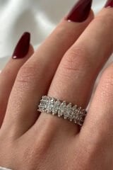 Yeni Sezon Mekik Model Sıra Zirkon Taşlı Ayarlanabilir Kadın Çelik Yüzük