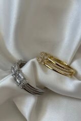 İthal Seri Zarif Baget Zirkon Taşlı Çift Sıra Görünüm Ayarlanabilir Kadın Çelik Yüzük