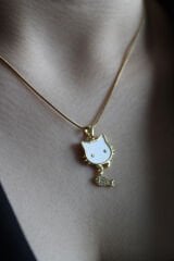 Premium Seri Plaka Sedefli Kedi Hello Kitty Model 316 L Paslanmaz Kararmaz Kadın Çelik Kolye