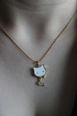 Premium Seri Plaka Sedefli Kedi Hello Kitty Model 316 L Paslanmaz Kararmaz Kadın Çelik Kolye