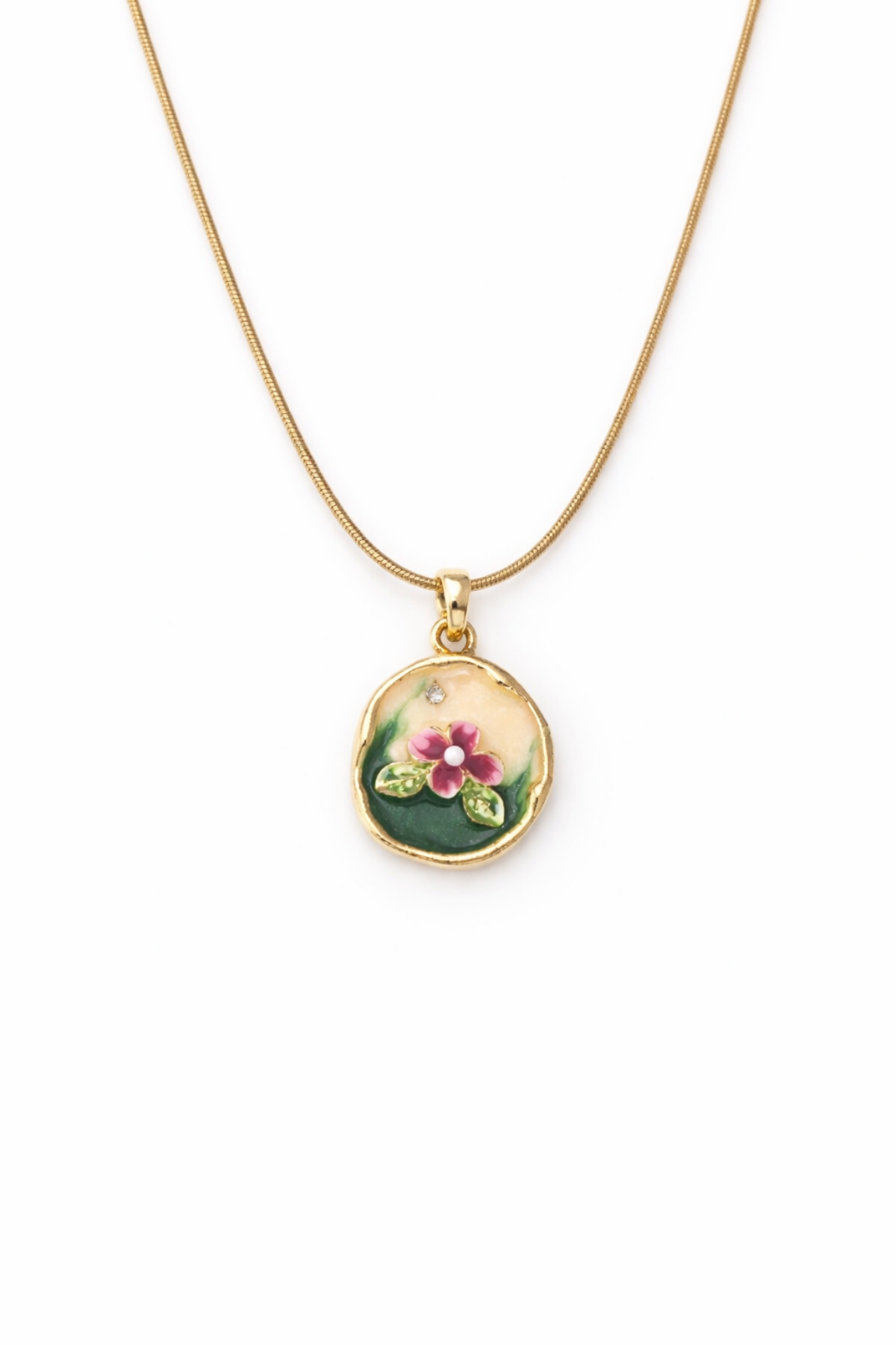 Vintage Pembe Çiçek Motifli 3d Tablo Tasarım Kadın Çelik Kolye