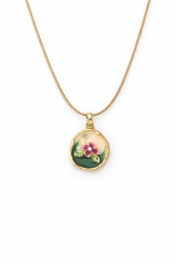 Vintage Pembe Çiçek Motifli 3d Tablo Tasarım Kadın Çelik Kolye