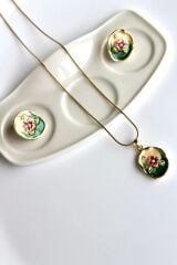 Vintage Pembe Çiçek Motifli 3d Tablo Tasarım Kadın Çelik Kolye