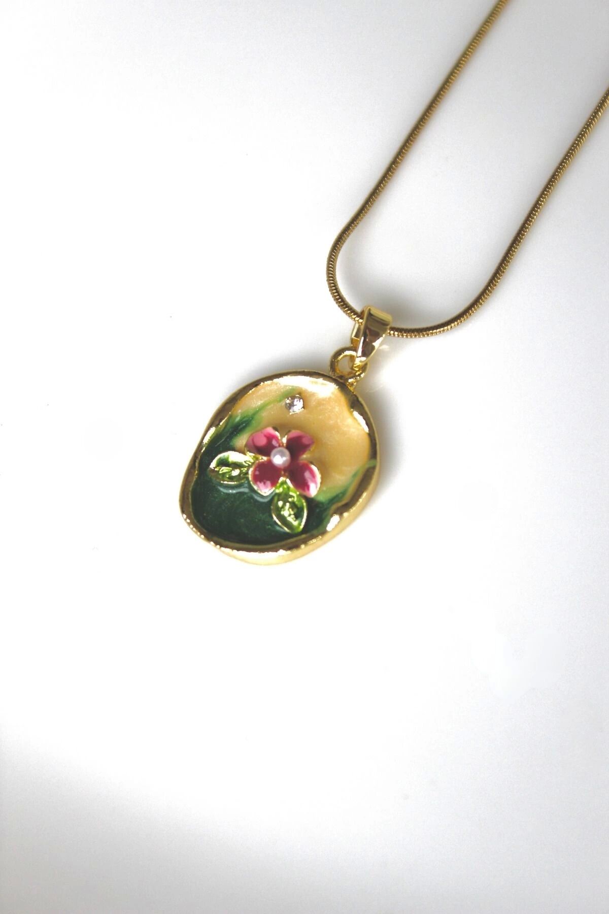 Vintage Pembe Çiçek Motifli 3d Tablo Tasarım Kadın Çelik Kolye